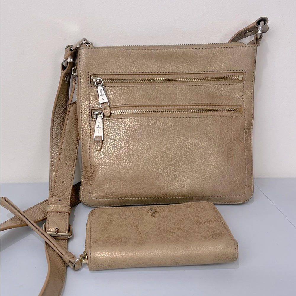 Cole Haan Sheila Leather Crossbody Purse Bag Gold w/ Matching Wallet / Set
